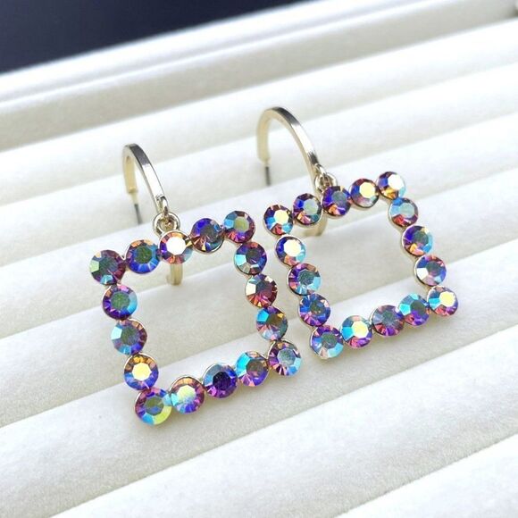 Yellow Gold with Iridescent AB Crystal Dangling Square and Hoop Post Earrings - Picture 6 of 10